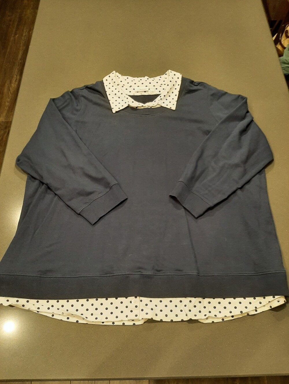 Denim & Co 4X Navy Polka Dot Layered Look Sweatshirt Top